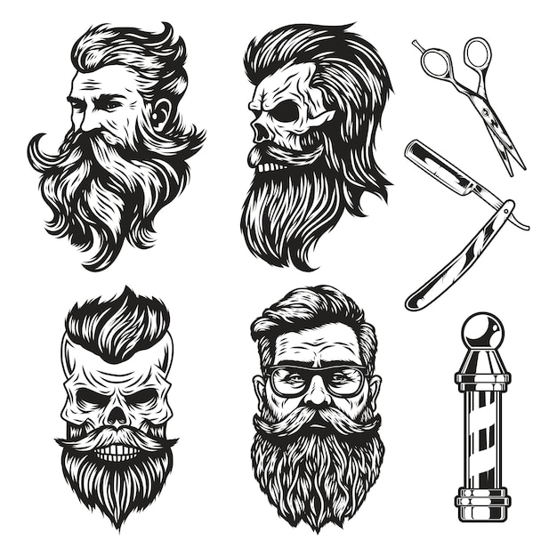 Vektor barbershop-illustrationen mit bärtigen schädeln, bärtigen männern, rasierscheren und zeichen