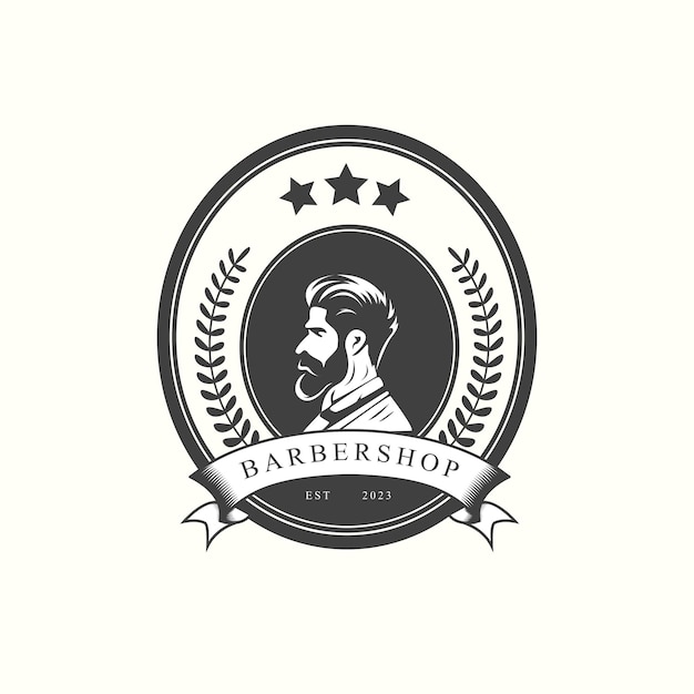 Vektor barbershop-logo-grußplakat oder banner-design-konzept mit bärtigen männern vektor-illustration
