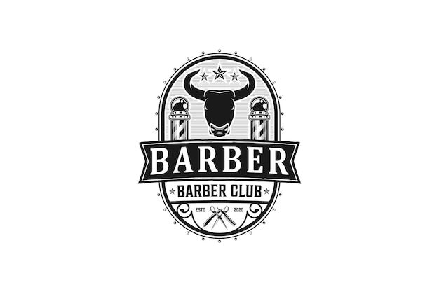 Barbershop logo vintage klassischer stil mit kuhkopf salon mode haarschnitt pomade abzeichen symbol einfach