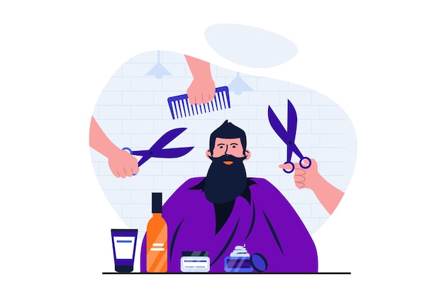 Barbershop modernes flaches Konzept für Web-Banner-Design Der männliche Kunde sitzt auf dem Stuhl und empfängt