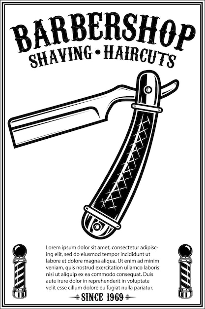 Barbershop-plakatschablone mit rasiermesser im retro-stil. gestaltungselement für poster, karte, banner, emblem, zeichen. vektor-illustration