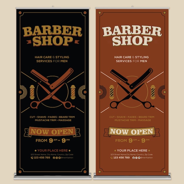 Barbershop roll up banner druckvorlage mit flachem design-stil