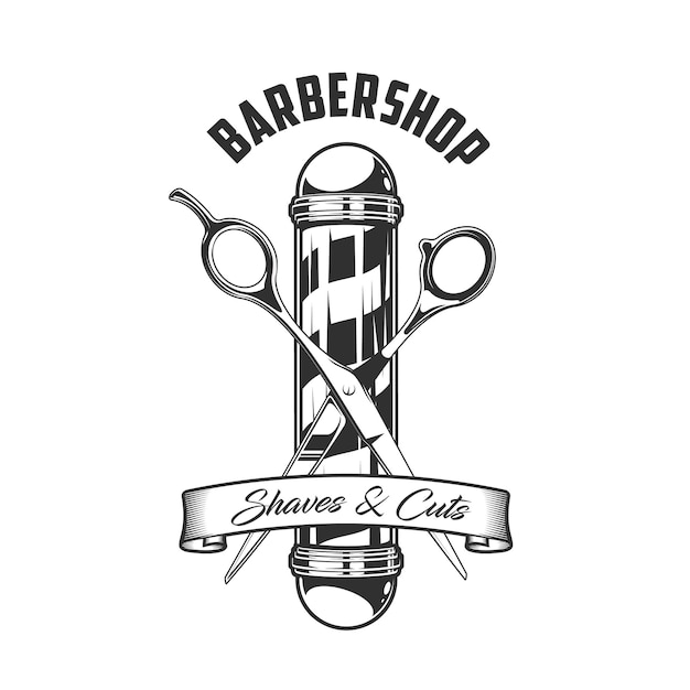 Barbershop-Stange und Schere-Symbol, Vintage-Emblem für Rasur- und Schnittservice