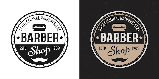 Barbershop vektor zwei stil schwarz und farbige vintage runde abzeichen, emblem, etikett oder logo auf weißem und dunklem hintergrund