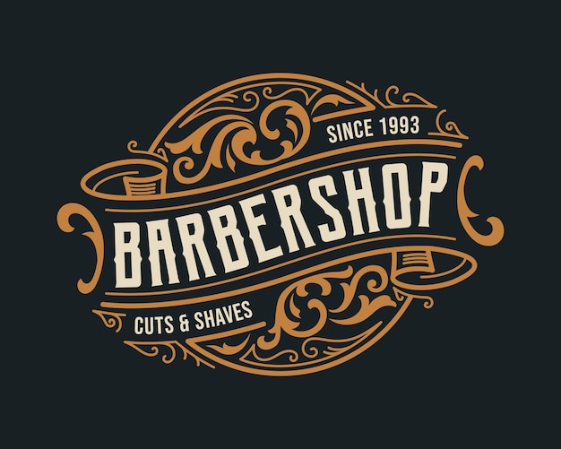 Barbershop vintage luxusrahmen logo-abzeichen mit gedeihendem viktorianischen ornament