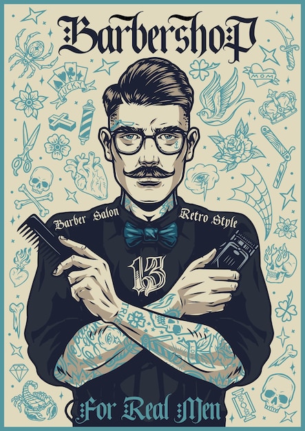 Barbershop vintage poster mit stylischem bartfriseur in gläsern mit kamm und haarschneidemaschine auf tattoos