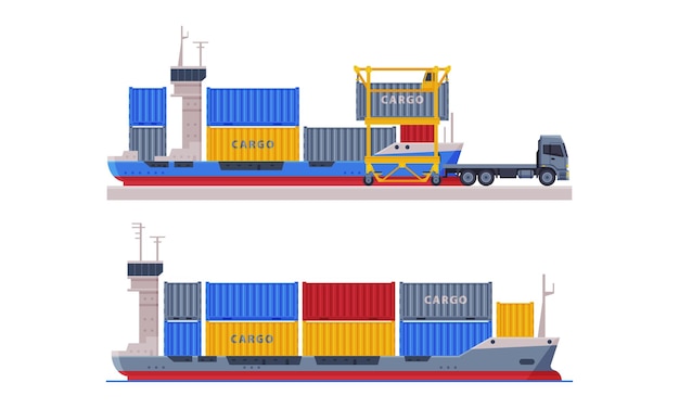 Barge mit Metallfrachtcontainer als Frachtlieferungsdienstvektorsatz