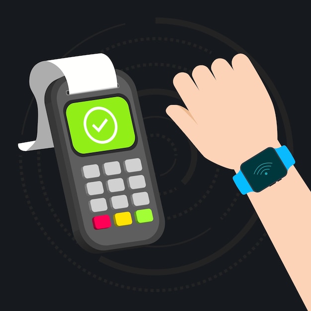 Bargeldloser nfc-transaktionsprozess mit zahlungsterminal und smartwatch-illustration