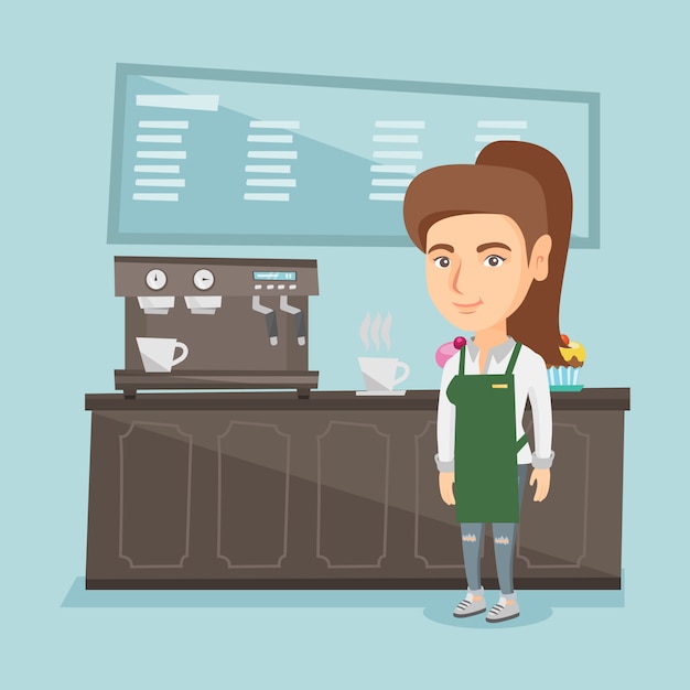 Barista, der nahe Kaffeemaschine steht.