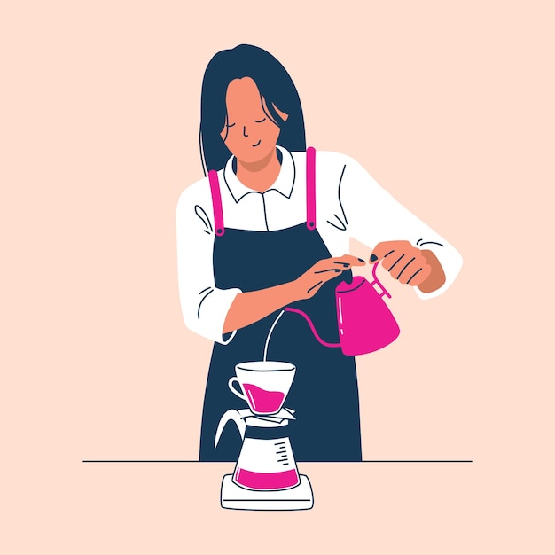 Barista-Mädchen gießt Kaffee durch einen Trichter