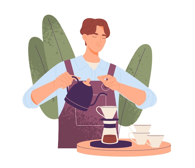 Barista oder Caféangestellter ein glücklicher Mitarbeiter des Kaffeehauses bereitet leckeren Filterkaffee für die Kunden vor