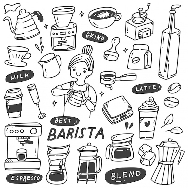 Barista und verschiedene verwandte objekte im doodle-stil