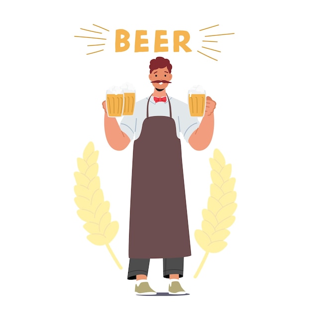Vektor barkeeper-charakter, der craft-bier in glasbechern serviert und jedes gebräu sorgfältig einschenkt und mit fachwissen präsentiert, um bierliebhabern ein angenehmes erlebnis zu bieten. cartoon-leute-vektor-illustration