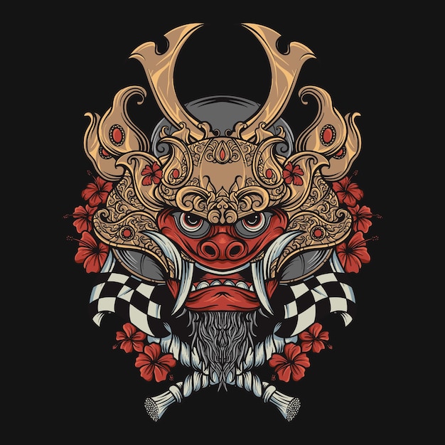 Barong-samurai-schädel und rote blumen