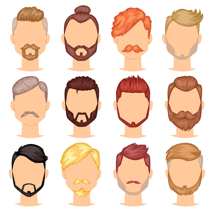 Vektor bartvektorporträt des bärtigen mannes mit dem männlichen haarschnitt im friseursalon und im mit widerhaken versehenen schnurrbart auf hipstergesichtillustrationssatz des friseursmenschenfrisur lokalisiert auf weißem hintergrund