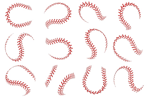 Baseball-Ball-Spitze. Realistische Softballbälle mit roten Fäden näht grafische Elemente, sphärische Strichlinien Ledersportgeräte, vektorisoliertes Set