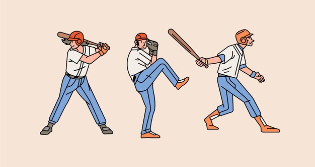 Baseball-charakter-spieler in aktion set line-stil-illustration