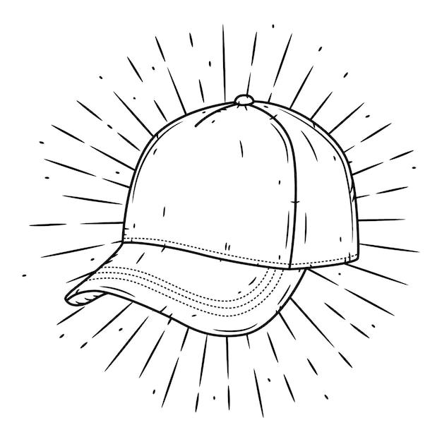 Baseball kappe. hand gezeichnete illustration mit baseballkappe und divergierenden strahlen.