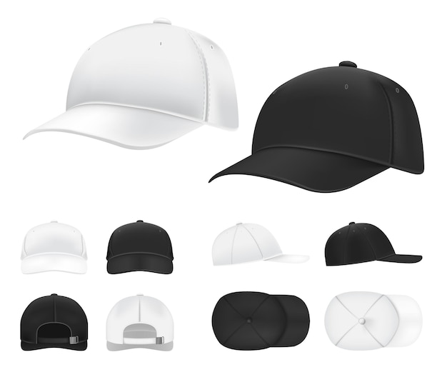 Baseball Kappe. Schwarze und weiße leere Sportuniformkopfbedeckung in der Seiten-, Vorder- und Rückansichtschablone.