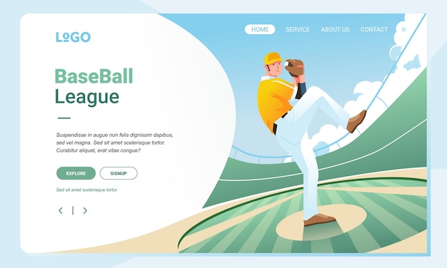 Baseball league landing page design illustration baseballspieler bereit, den ball zu werfen
