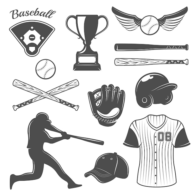 Baseball monochrome elements set