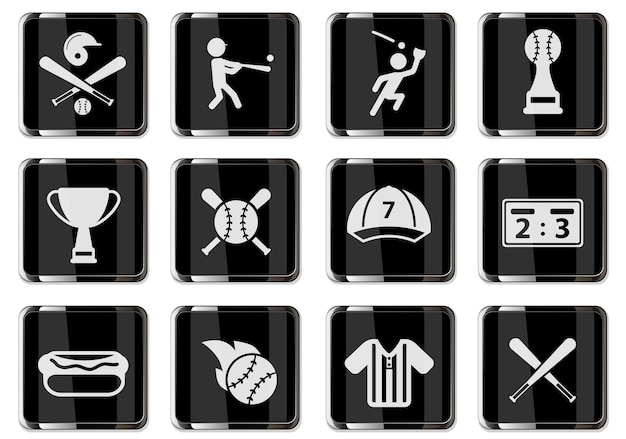 Baseball-piktogramme in schwarzen chromknöpfen. symbolsatz für ihr design. vektorsymbole