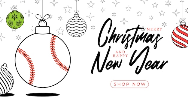 Baseball-weihnachts-grußkarte im trendigen linienstil frohe weihnachten und ein glückliches neues jahr umriss cartoon sport-banner baseball-ball als weihnachtsball auf weißem hintergrund vektor-illustration