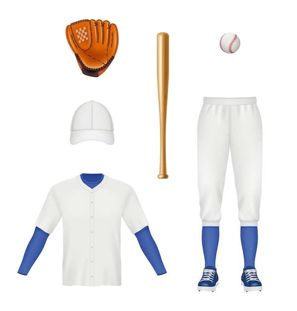 Vektor baseball-werkzeuge ausrüstung und kleidung für sportler handschuhe schlägerkappe handschuhe anständiger vektor-baseball-stil illustration von baseballball und hosenuniform