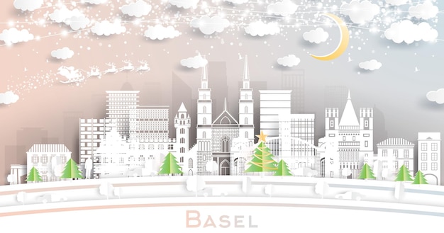 Basel schweiz city skyline im papierschnitt-stil mit schneeflocken-mond und neon-girlande