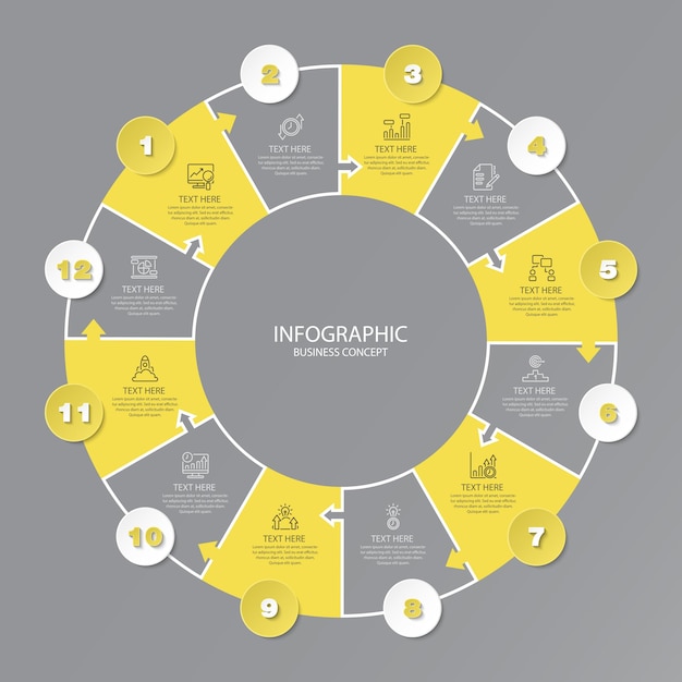 Basiskreis-infografik mit 12 schritten, prozess oder optionen.