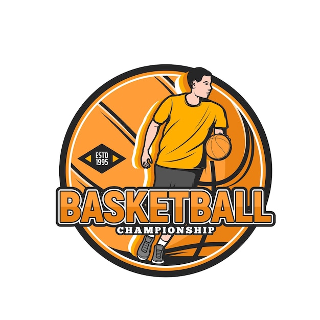 Basketball-spieler-symbol für sportmannschaft oder club-emblem streetball-vektor-abzeichen basketball-sieg-cup-meisterschaft oder varsity-turnierschild mit basketballball und spieler