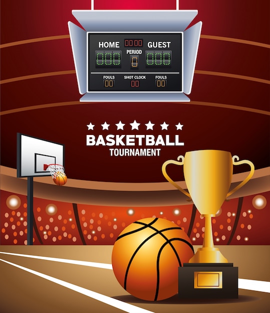Basketball-sportplakat mit ball und trophäe im hof