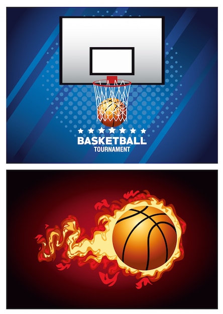 Vektor basketball-sportplakate mit ballon auf feuer und korb