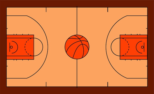 Basketballplatz mit schwarzer Linienmarkierung Ball zum Spielen Vektorillustration auf orangefarbenem Hintergrund