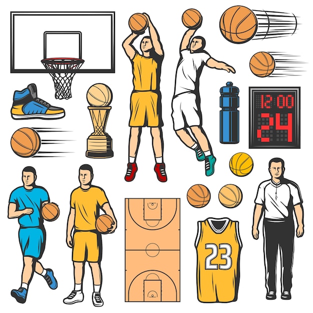 Basketballspielsymbole spieler und sportartikel