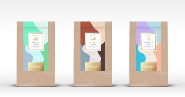Bastelpapiertüte mit Schokoladenetiketten Set. Abstraktes Verpackungslayout mit realistischen Schatten.