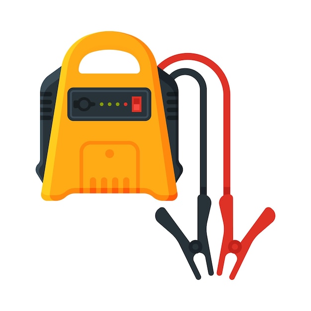 Vektor batterie mit elektrischen clips jump start fahrzeugkabel batterie ladeknopf vektor-illustration