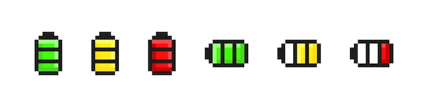 Batterie-pixel-vektorsymbol-set. ladeanzeige pixelige symbole
