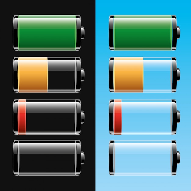 Batteriesatz mit verschiedenen ladezuständen auf schwarz und hellblau