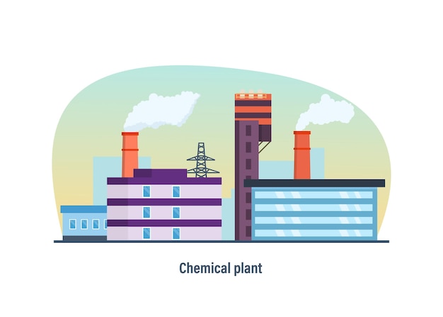 Vektor bau einer chemiefabrik vor dem hintergrund des städtischen stromnetzes