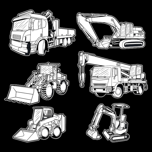 Bau-Schwerfahrzeuge packen Schwarz-Weiß-Illustration 01