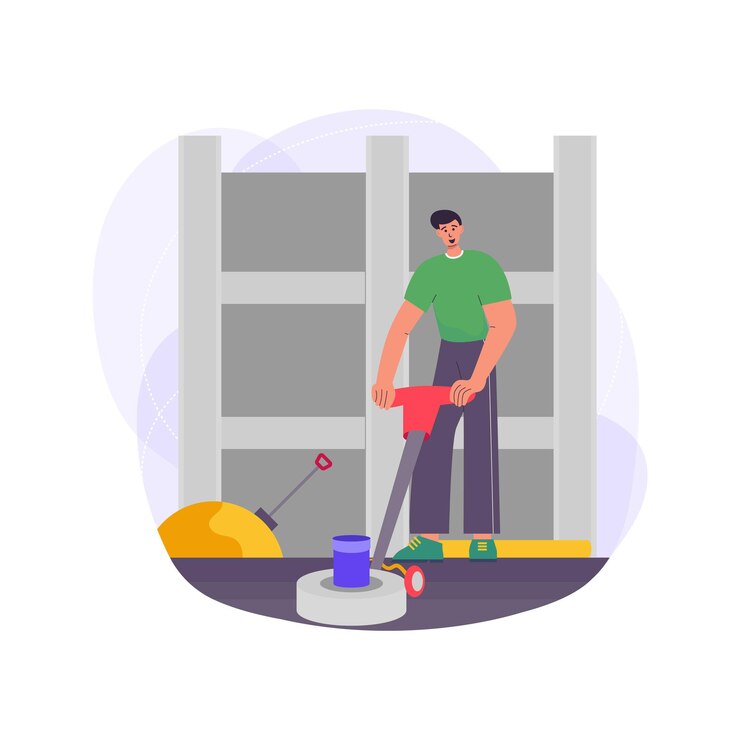 Vektor bauarbeiter mit bodenreinigungsmaschine konzeptillustration