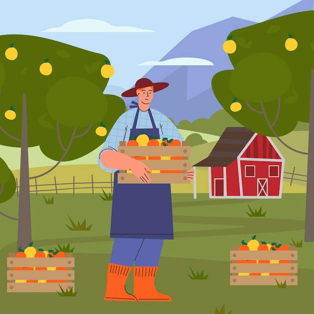 Bauer bei der Arbeit, Landarbeiter bei der Ernte, ein Bauer trägt eine Kiste Äpfel