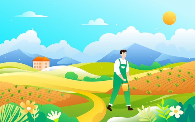 Bauer bewirtschaftet im Frühling, Landschaft und Natur im Hintergrund, Vektorillustration