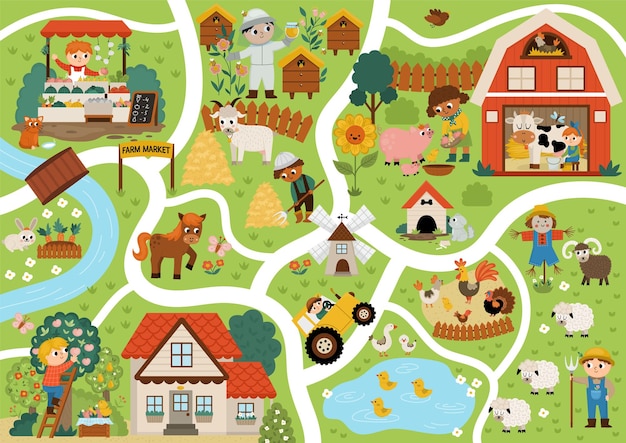 Bauernhof-dorf-karte landleben hintergrund vector ländliche gegend szenen infografik-elemente mit tieren kinder scheune traktor landschaftsplan mit feldweide bienenhaus bauerngarten marketxa