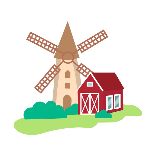 Vektor bauernhof ländliches gebäude oder scheune und mühle symbol flachbild vector illustration isoliert