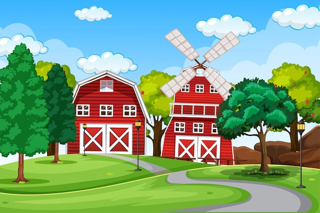 Bauernhofszene in der natur mit scheune und windmühle