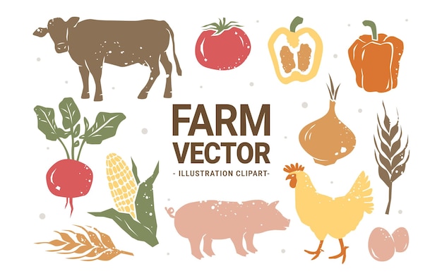 Vektor bauernmarkt, vektor, satz, bio, gemüse, abbildung, huhn, schwein, kuh
