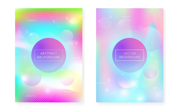 Bauhaus-Cover-Set mit flüssigen Formen. Dynamische holografische Flüssigkeit mit verlaufendem Memphis-Hintergrund. Grafische Vorlage für die Web-App für die jährliche mobile Benutzeroberfläche des Buches. Regenbogen-Bauhaus-Cover-Set