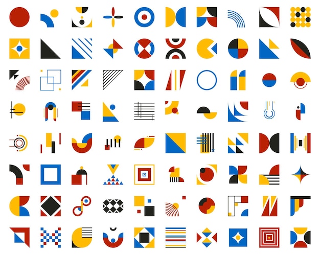 Bauhaus-elemente moderne geometrische abstrakte formen bauhaus-grundformen linien kreise dreiecke und quadrate blaue, rote, gelbe und schwarze farben vektorillustration im minimalstil